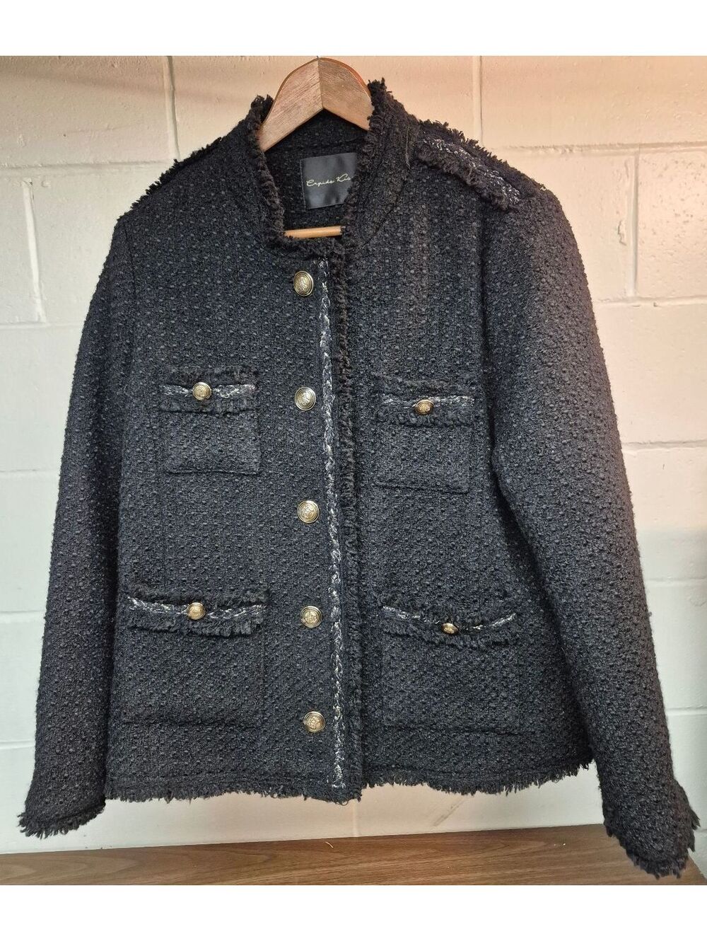 Cupids Kiss Black Tweed Style Jacket with Gold Buttons, Size Small